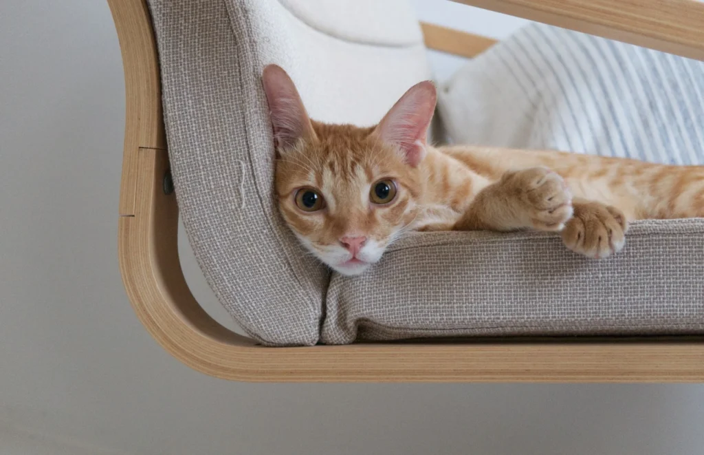 An orange tabby cat lies on a wooden chair.